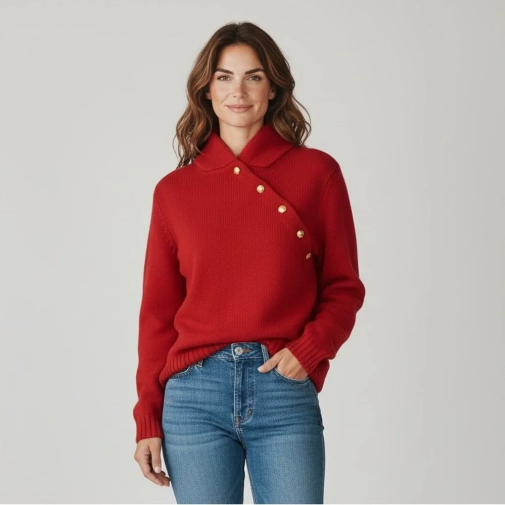 Lauren Ralph Lauren Red Button Shoulder Cotton Sweater Size M Nautical - Picture 7 of 7